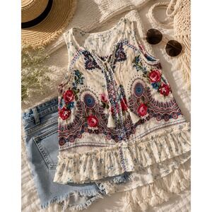 Billa Boho Floral Paisley Tassel Tie Ruffle Tank Top Sleeveless Blouse Medium